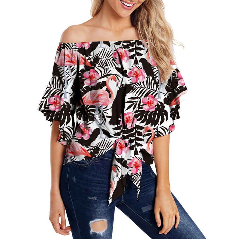 Women's blouse T-Shirt off-the-shoulder flamingo print