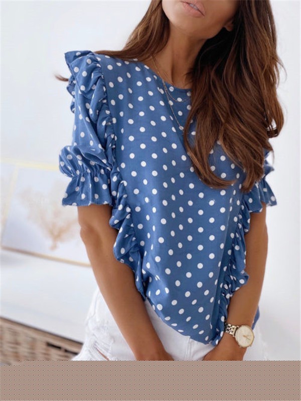 Women's half sleeve blouse blue with white polka dot