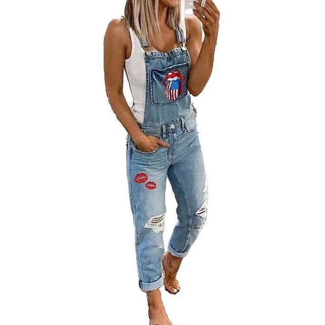 Women's Overalls Denim Suspenders with Rolling stone logo with a twist on front